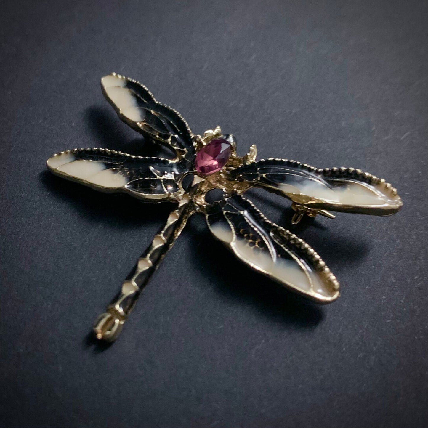 Art Nouveau Dragonfly Black & Cream Enamel Gold Brooch