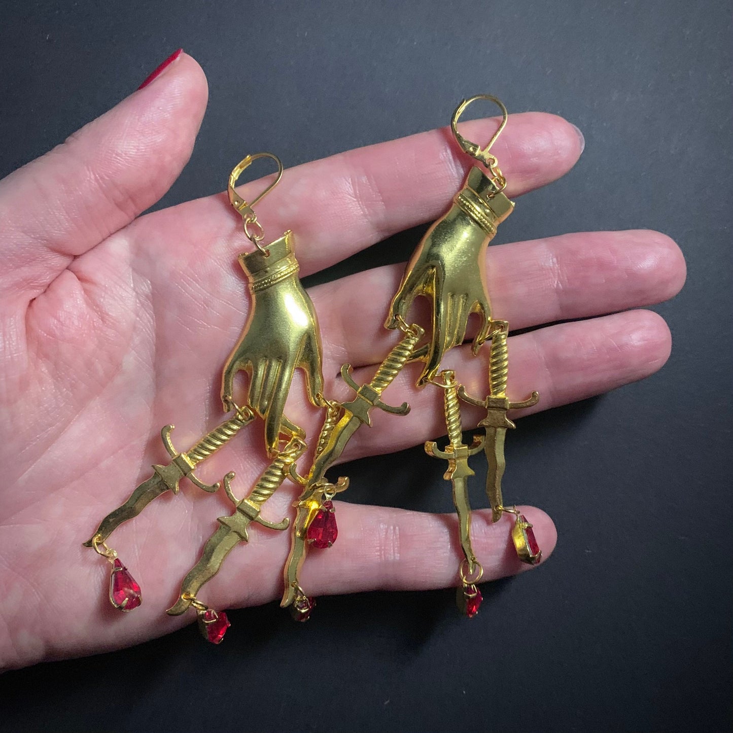 Hand, Dagger & Blood Drops Bad-Ass Golden Chandelier Earrings