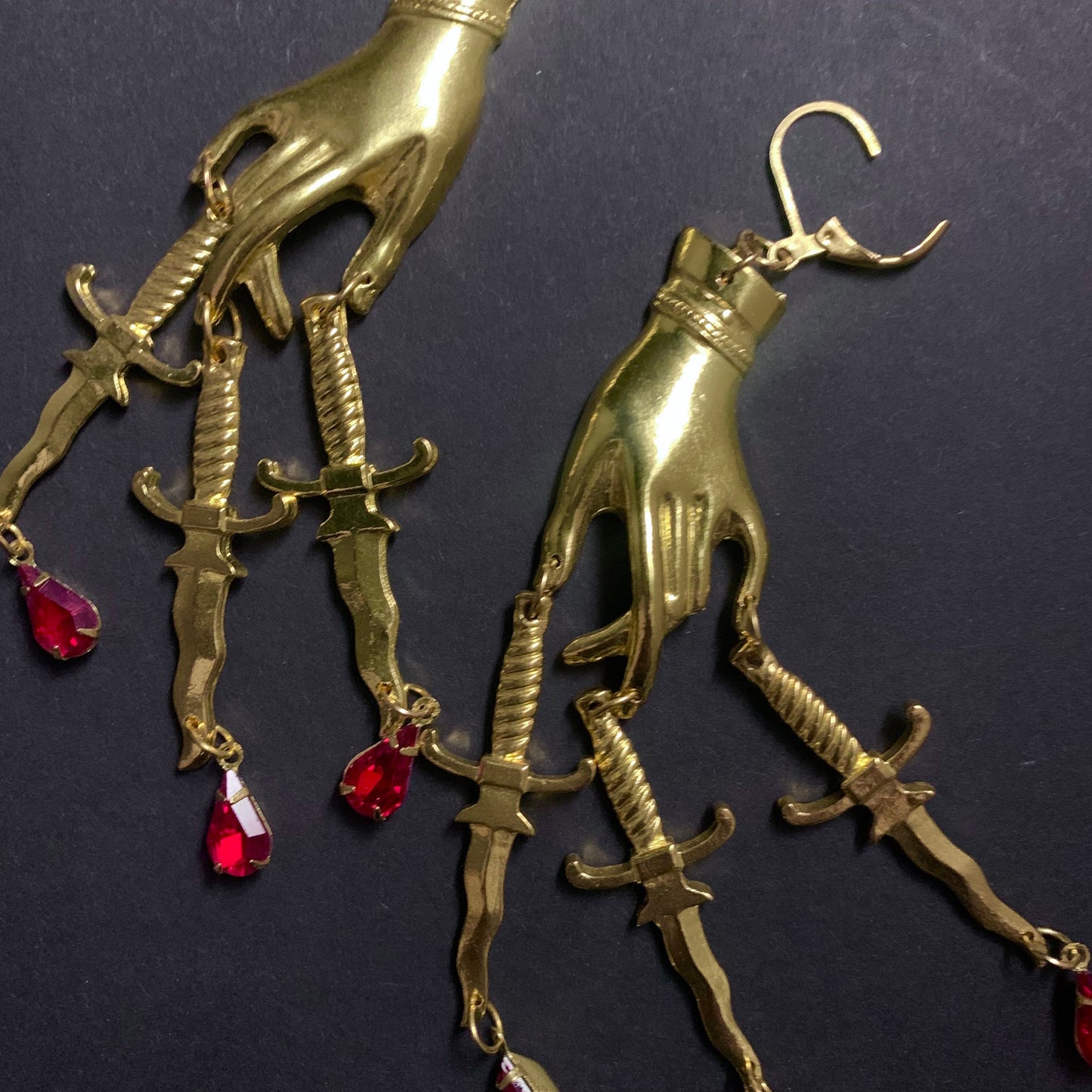 Hand, Dagger & Blood Drops Bad-Ass Golden Chandelier Earrings