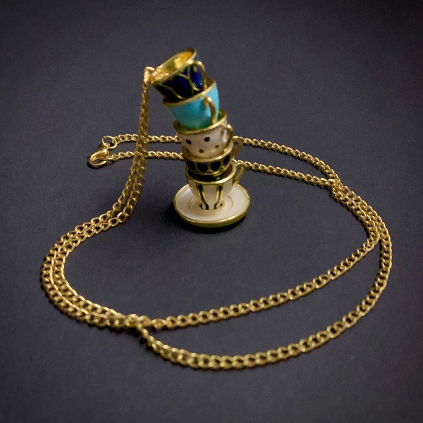 Stacked Enameled Tea-Cups Golden Necklace