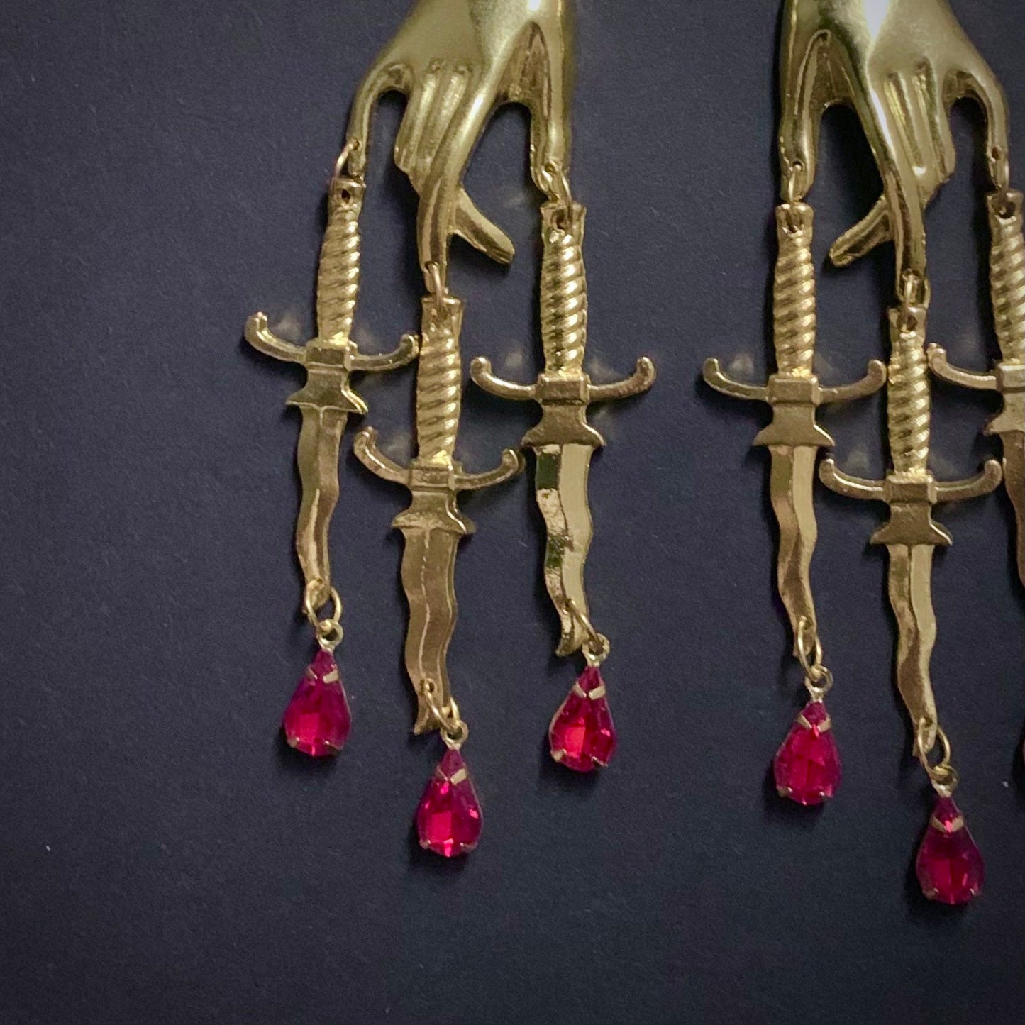 Hand, Dagger & Blood Drops Bad-Ass Golden Chandelier Earrings