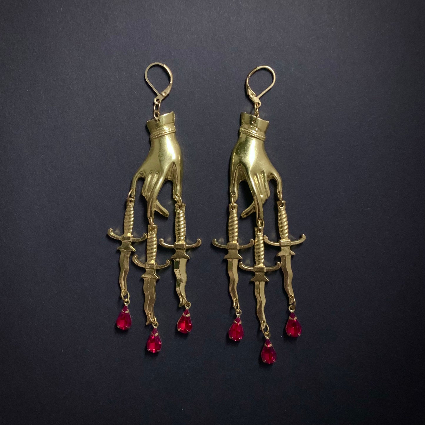 Hand, Dagger & Blood Drops Bad-Ass Golden Chandelier Earrings