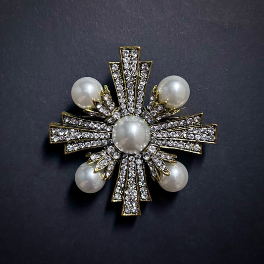 Art Deco Gold and Pearl Maltese Cross Rhinestone Brooch