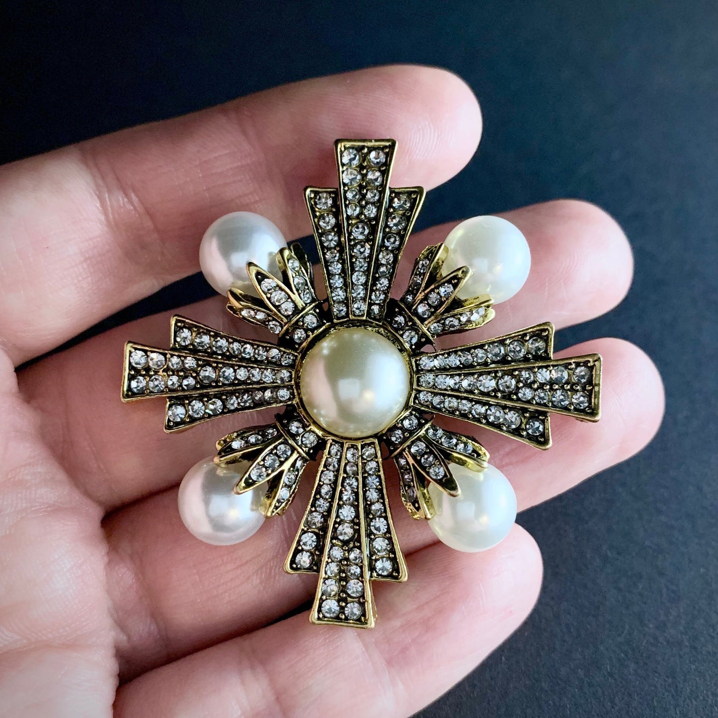 Art Deco Gold and Pearl Maltese Cross Rhinestone Brooch