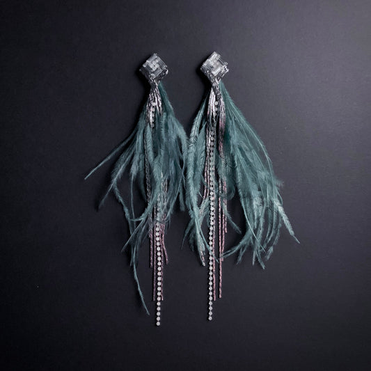 Ostrich Feather & Chain Long Earrings in Dusty Green and Silver