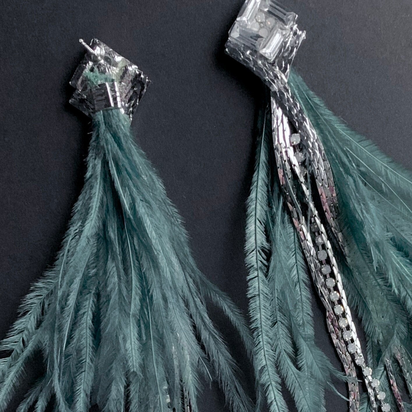 Ostrich Feather & Chain Long Earrings in Dusty Green and Silver