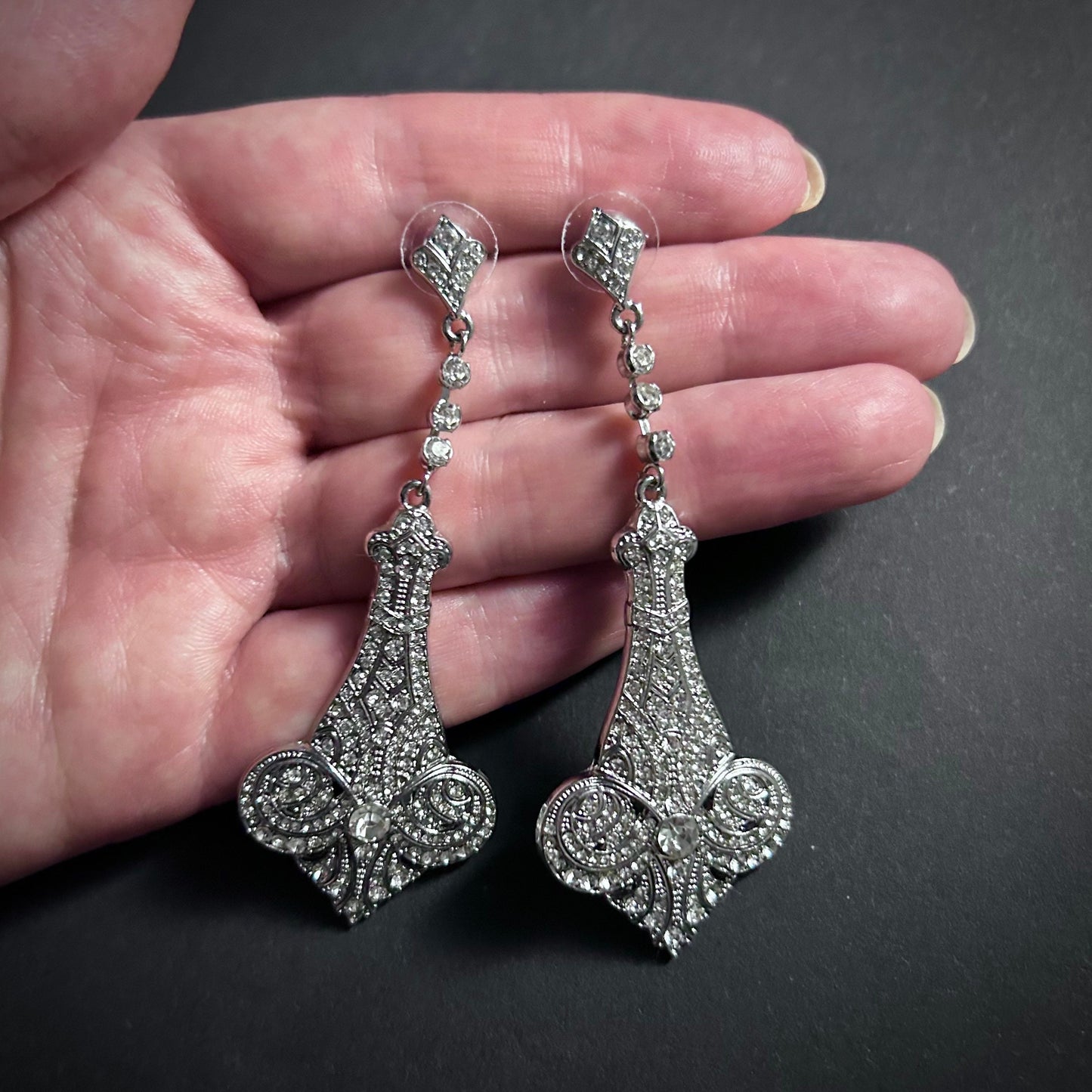 Art Nouveau Silver & Clear Rhinestone Chandelier Earrings