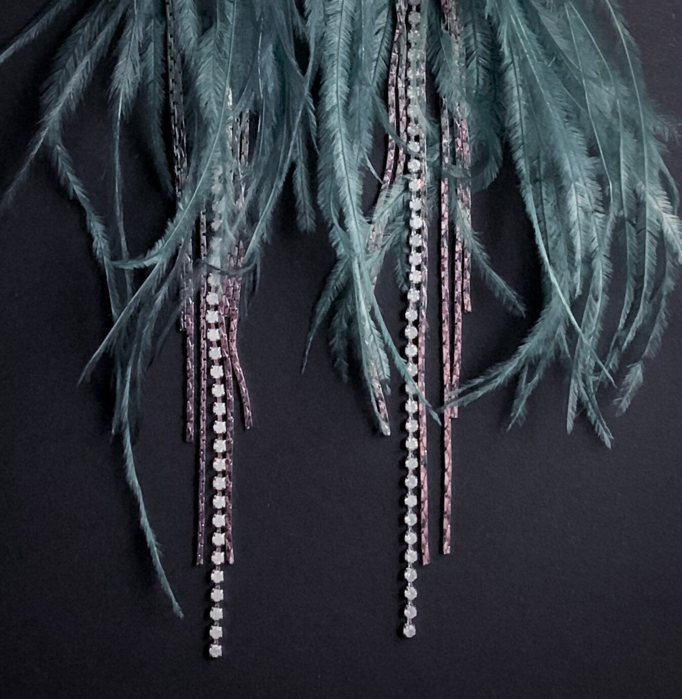 Ostrich Feather & Chain Long Earrings in Dusty Green and Silver