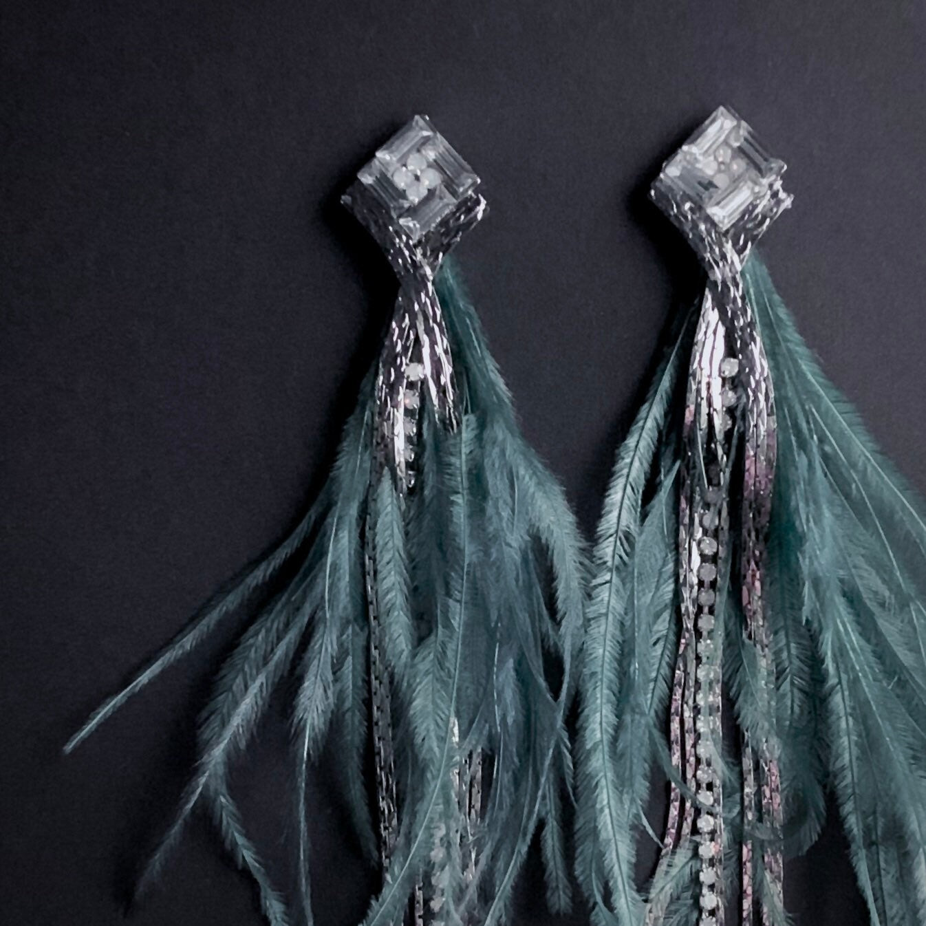 Ostrich Feather & Chain Long Earrings in Dusty Green and Silver