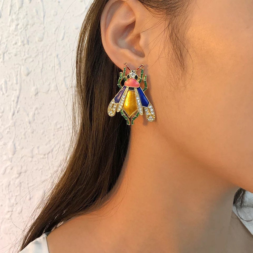 Bee Cloisonné Enamel & Rhinestone Earrings