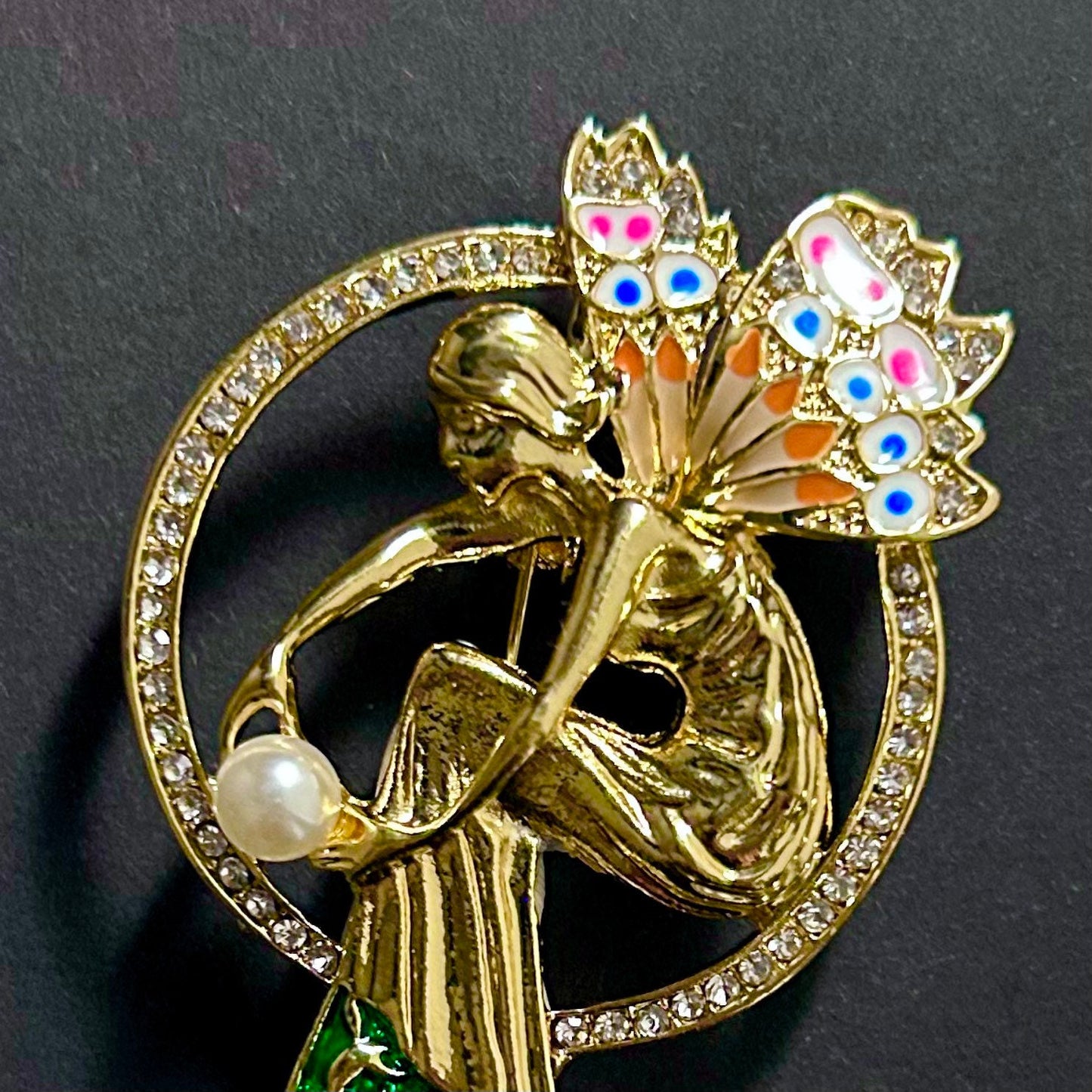 Art Nouveau Fairy Brooch with Cloisonné Enamel, Pearl & Clear Rhinestones