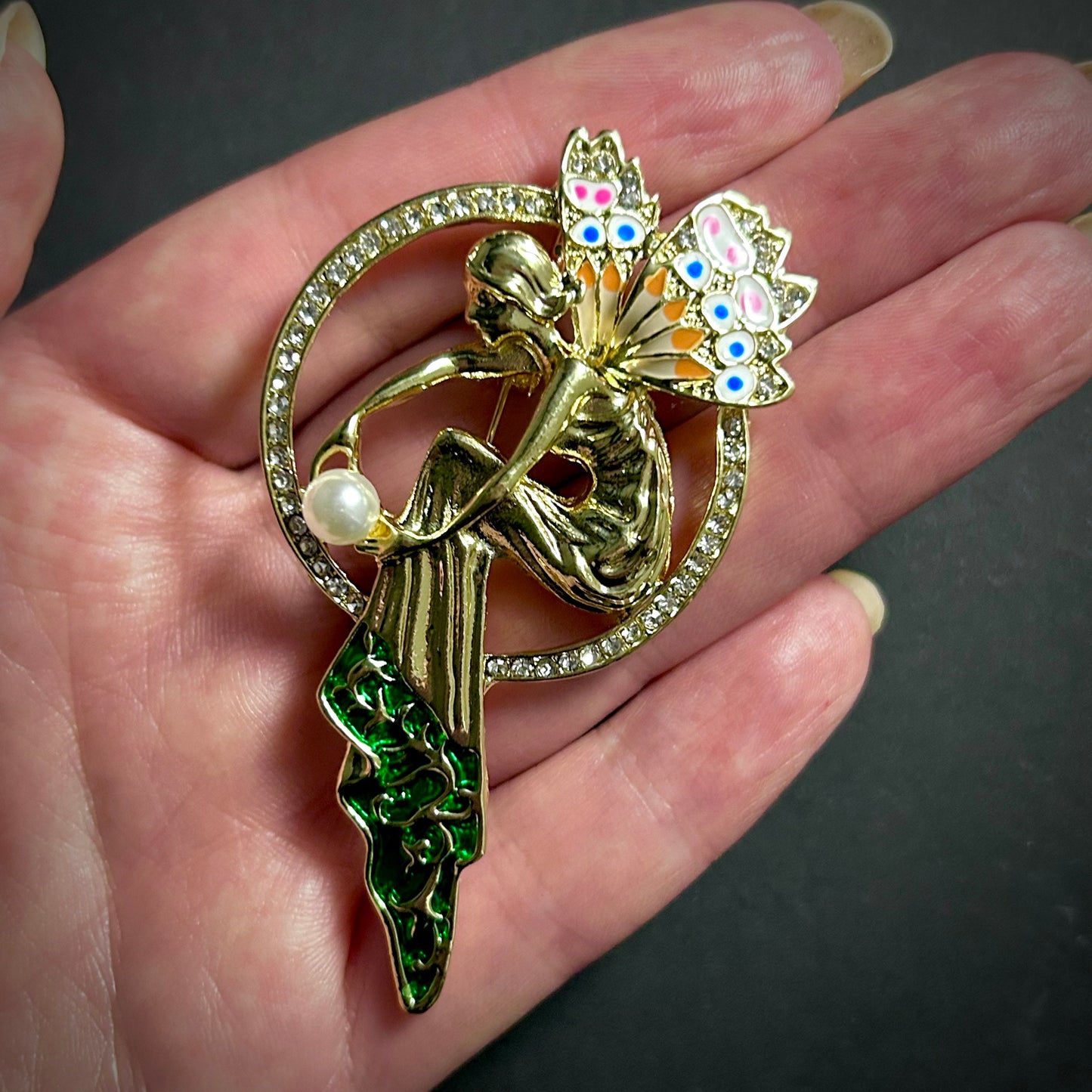 Art Nouveau Fairy Brooch with Cloisonné Enamel, Pearl & Clear Rhinestones