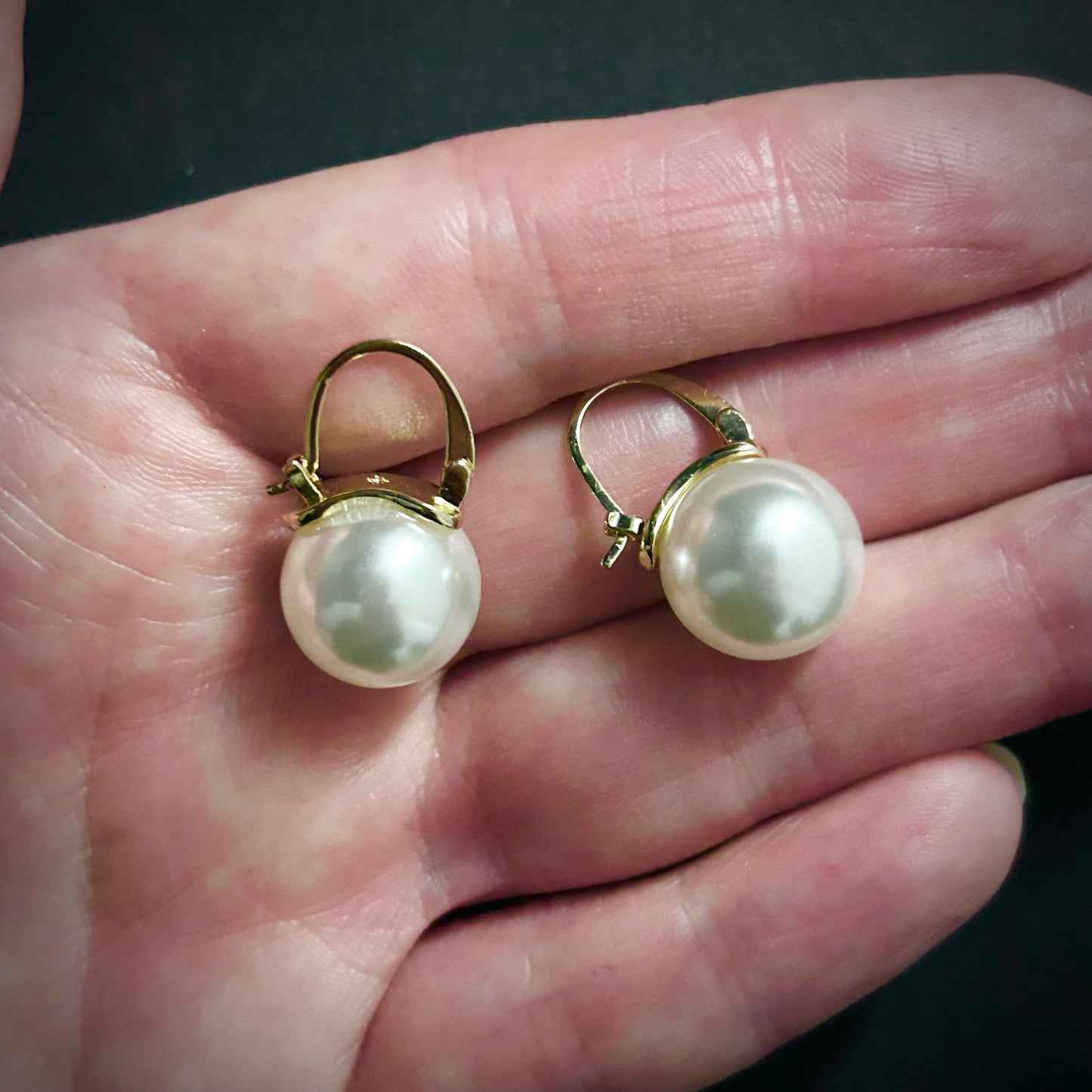 Gold & White Pearl Huggie Lever-Back Earrings