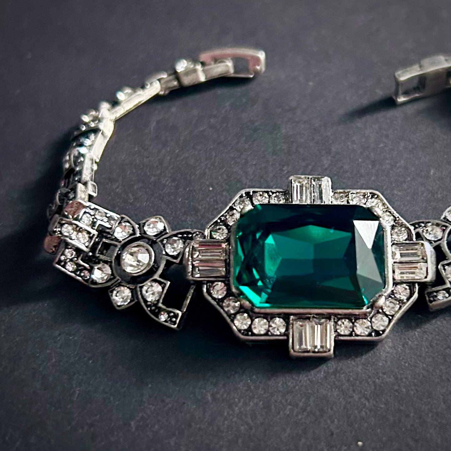 Art Deco Silver Rhinestone Bracelet With Large Emerald Rectangle