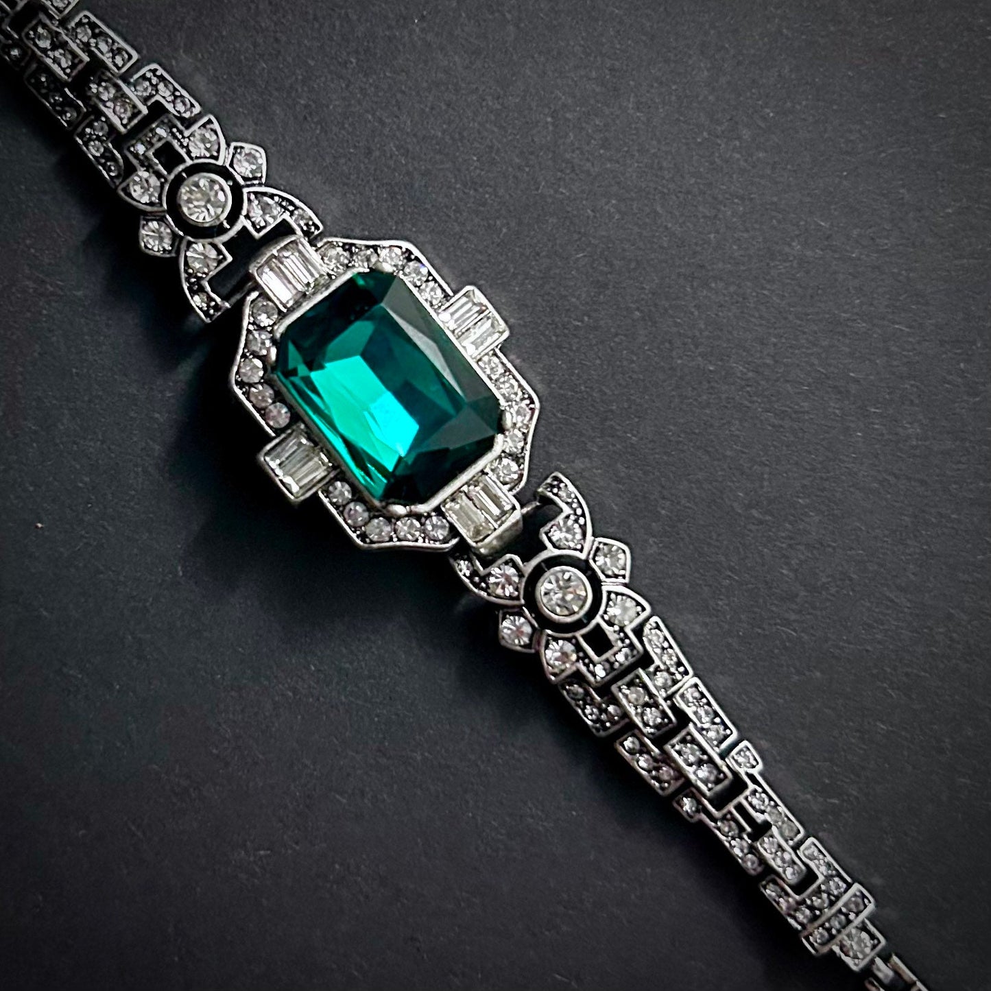 Art Deco Silver Rhinestone Bracelet With Large Emerald Rectangle