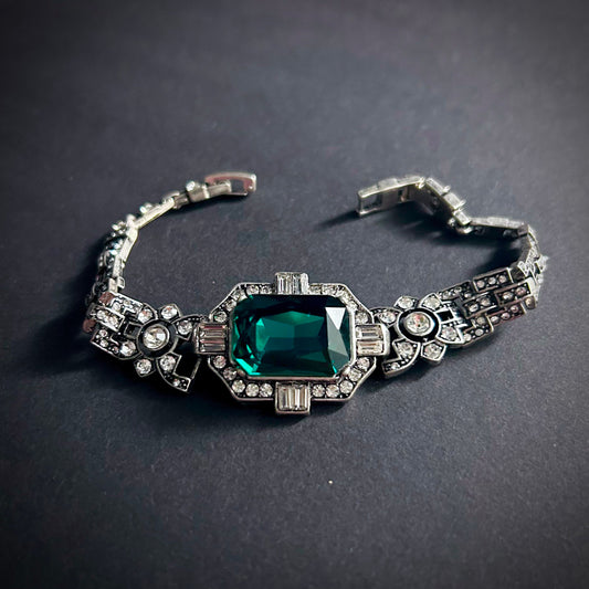 Art Deco Silver Rhinestone Bracelet With Large Emerald Rectangle