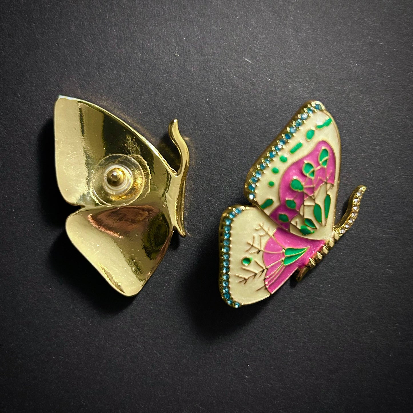 Butterfly Cream & Hot Pink Cloisonné Enamel Gold Stud Earrings