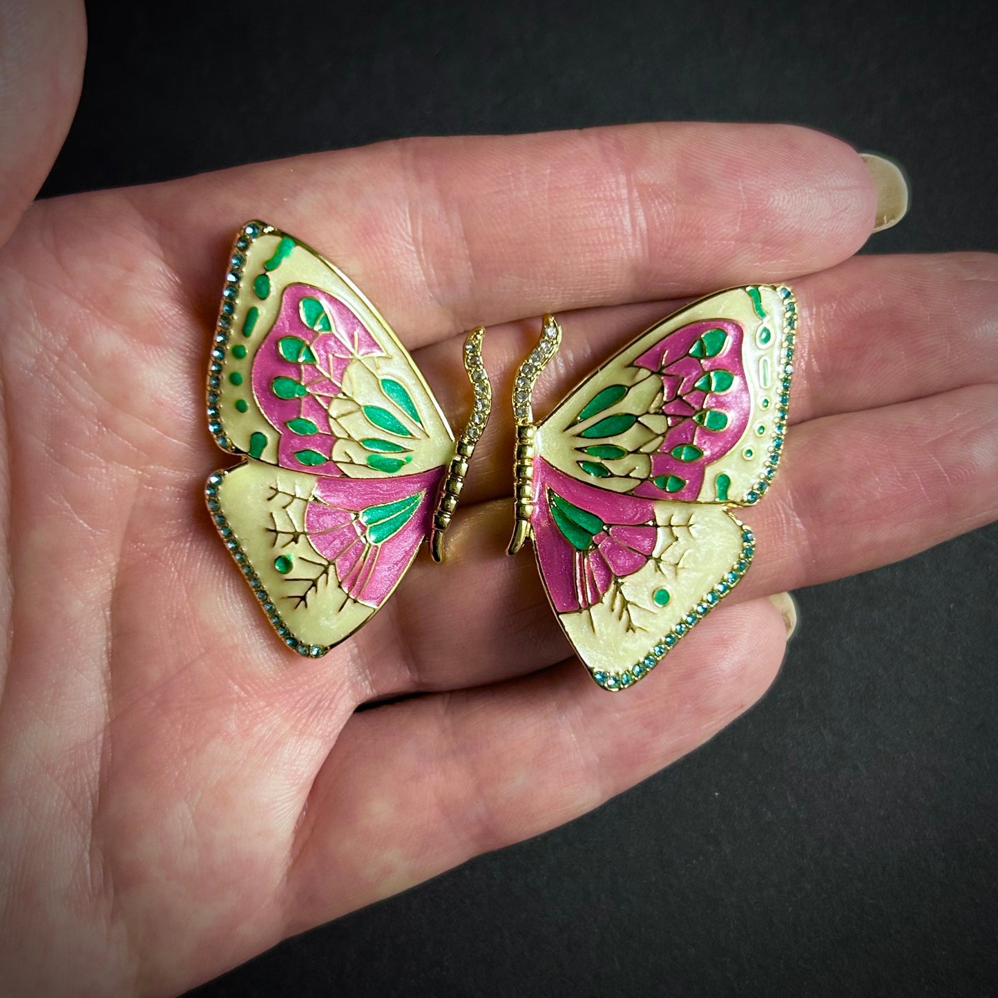 Butterfly Cream & Hot Pink Cloisonné Enamel Gold Stud Earrings