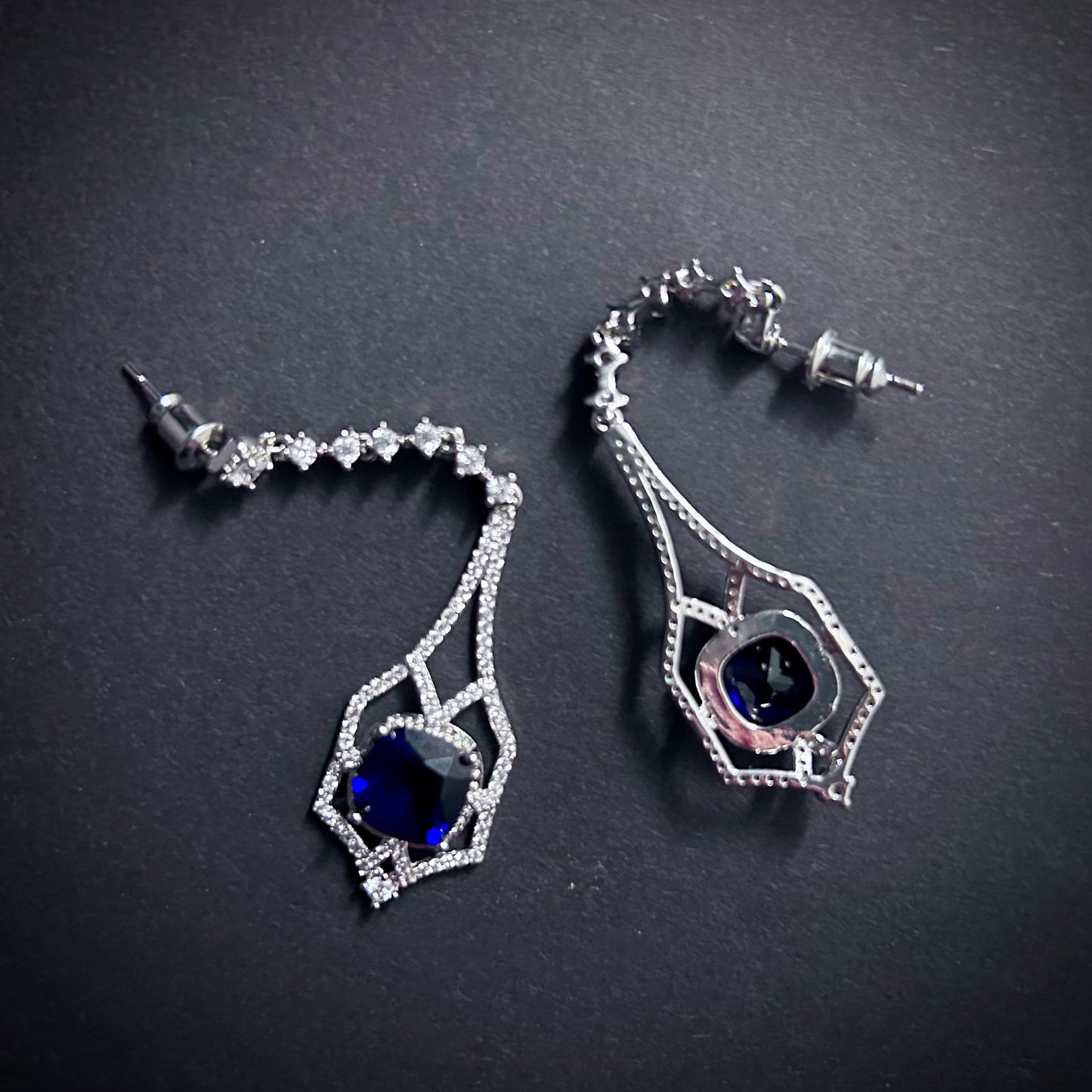 Art Deco Square Sapphire Silver Drop Earrings