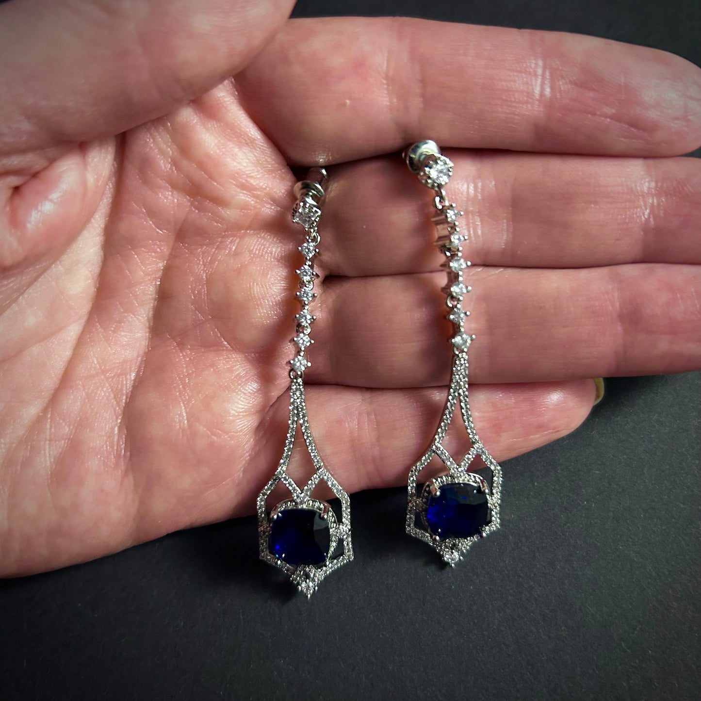 Art Deco Square Sapphire Silver Drop Earrings