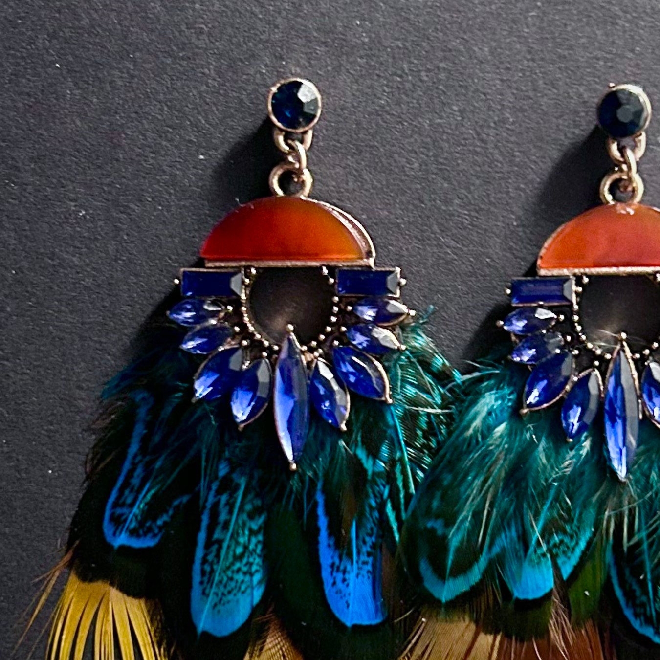 Mixed Feather & Crystals Multicolor Large Statement Earrings