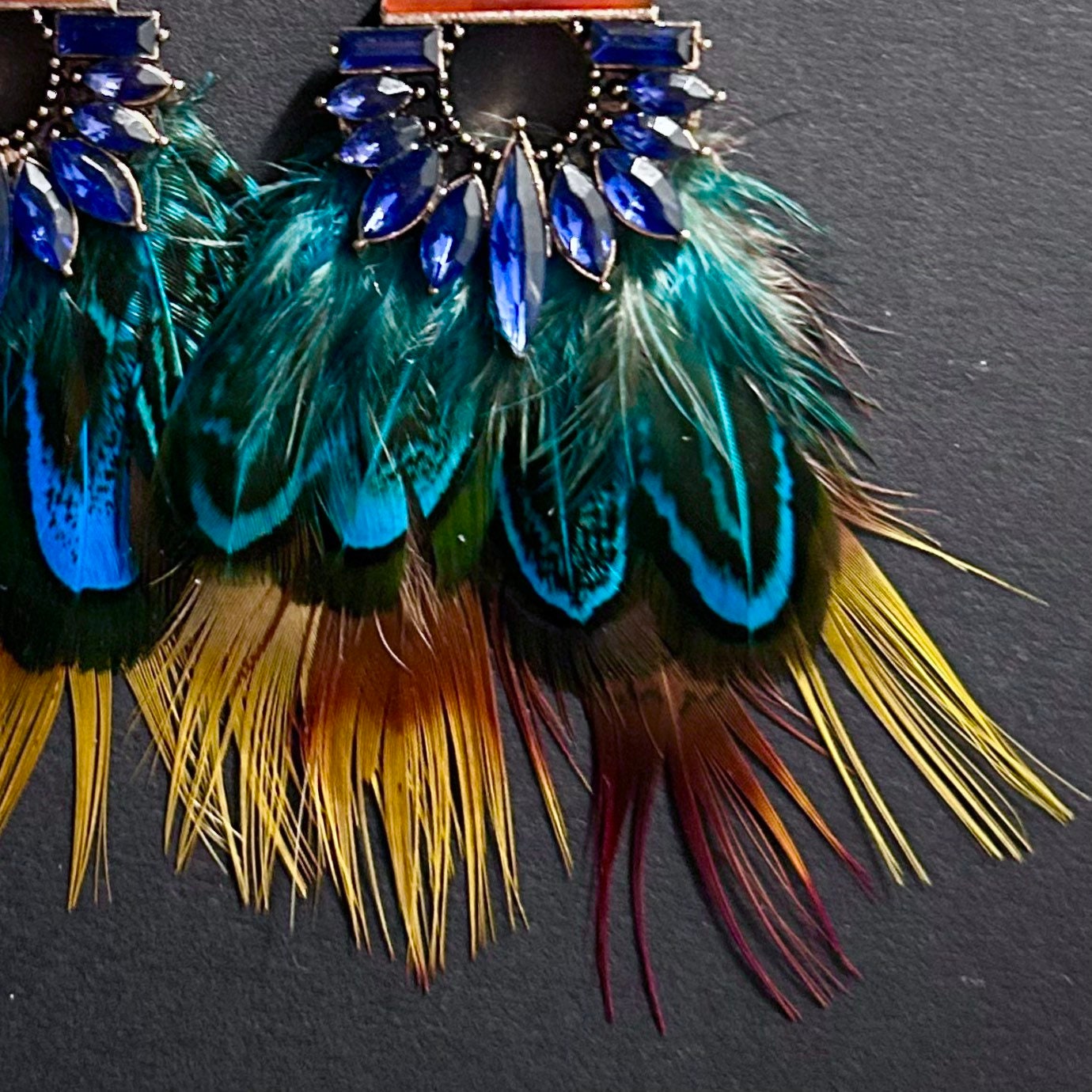 Mixed Feather & Crystals Multicolor Large Statement Earrings