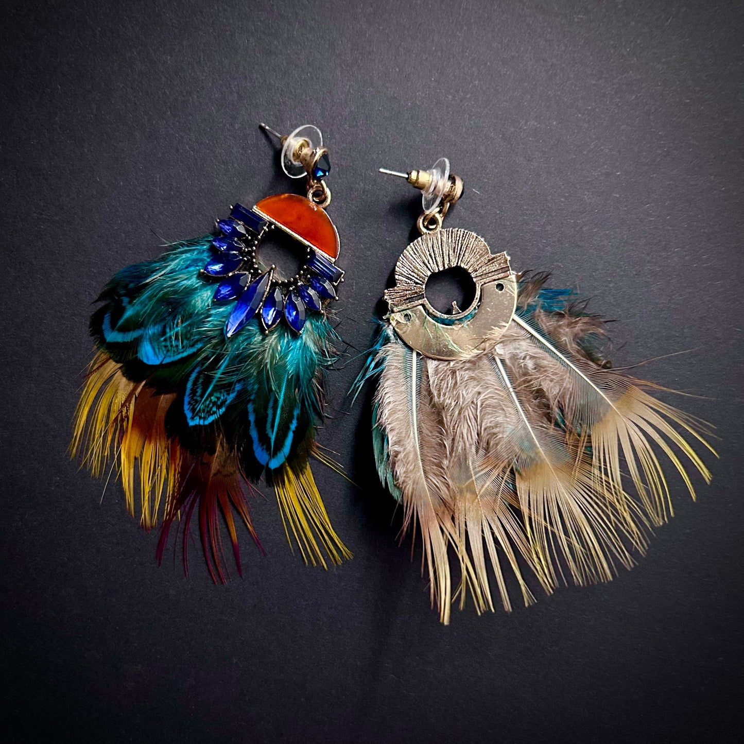 Mixed Feather & Crystals Multicolor Large Statement Earrings