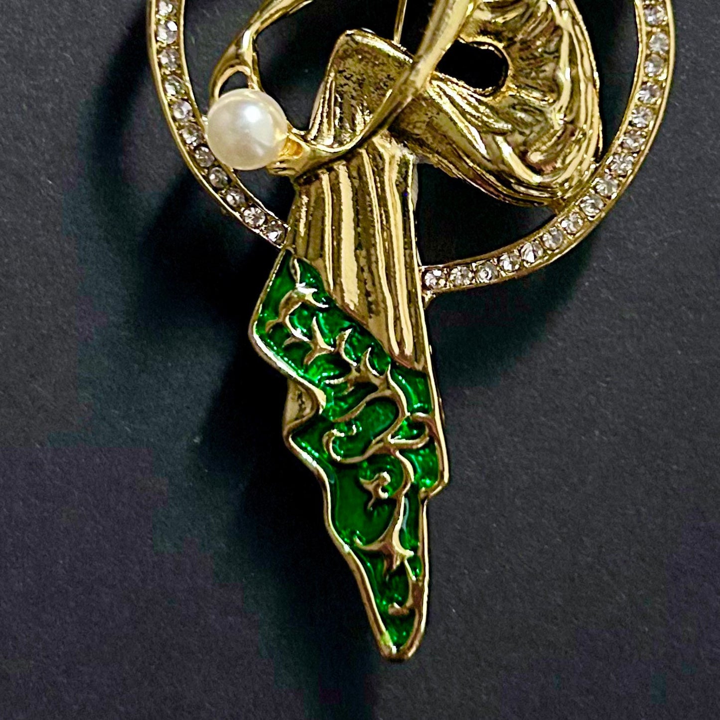 Art Nouveau Fairy Brooch with Cloisonné Enamel, Pearl & Clear Rhinestones