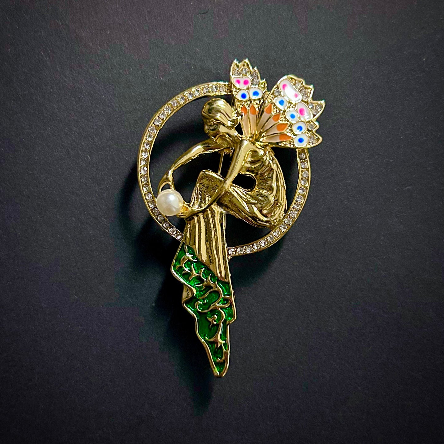 Art Nouveau Fairy Brooch with Cloisonné Enamel, Pearl & Clear Rhinestones