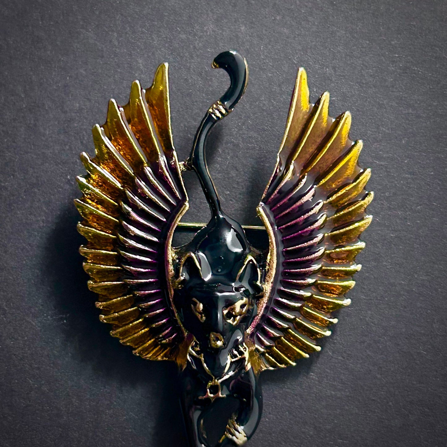 Egyptian Cat Goddess Bastet Pendant & Brooch in Gold and Purple Enamel