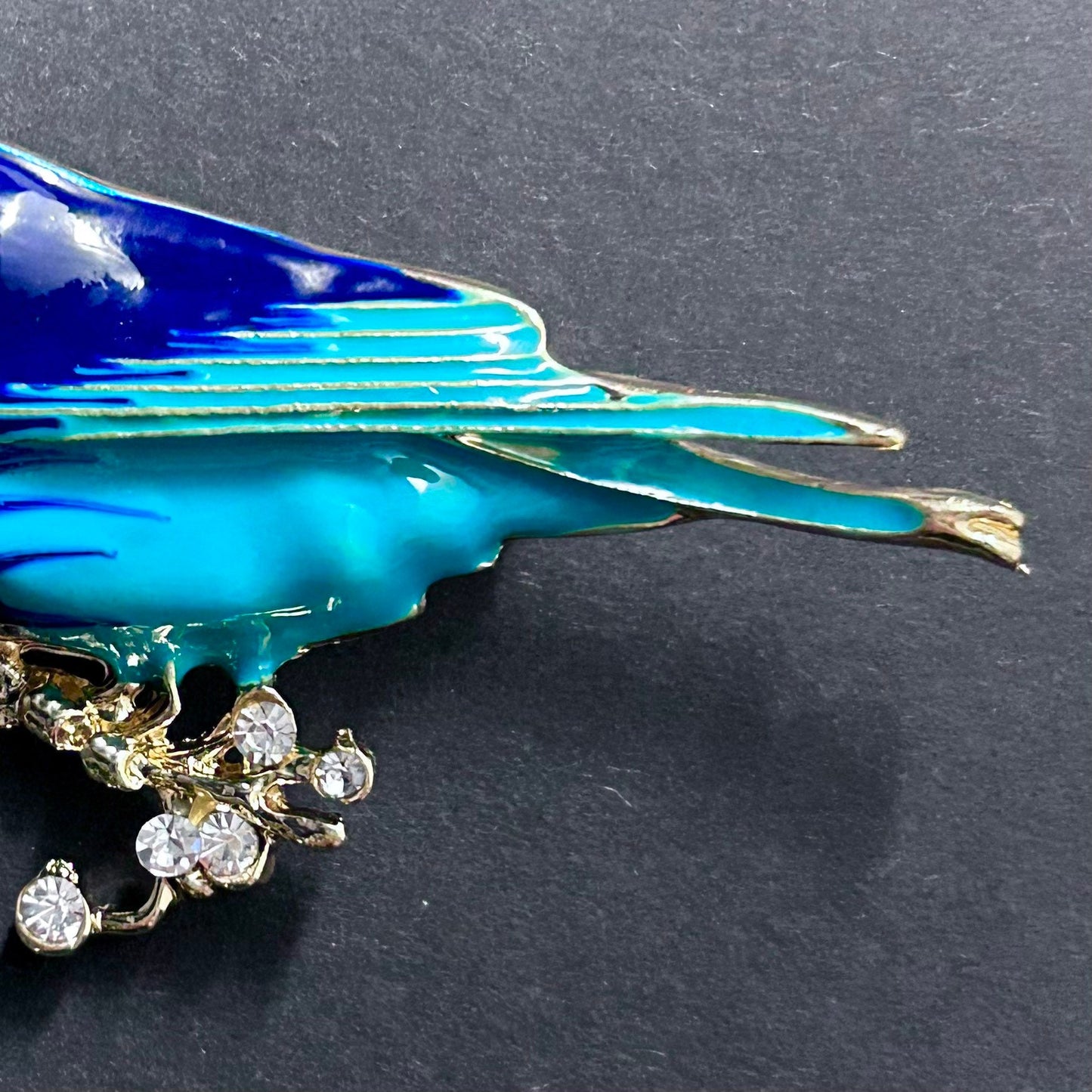 Painted Enamel Bird Brooch in Blue, Turquoise and Gold