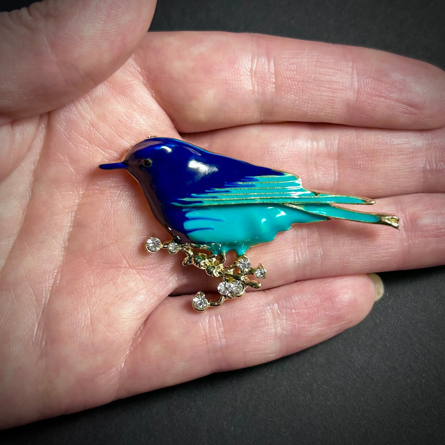 Painted Enamel Bird Brooch in Blue, Turquoise and Gold