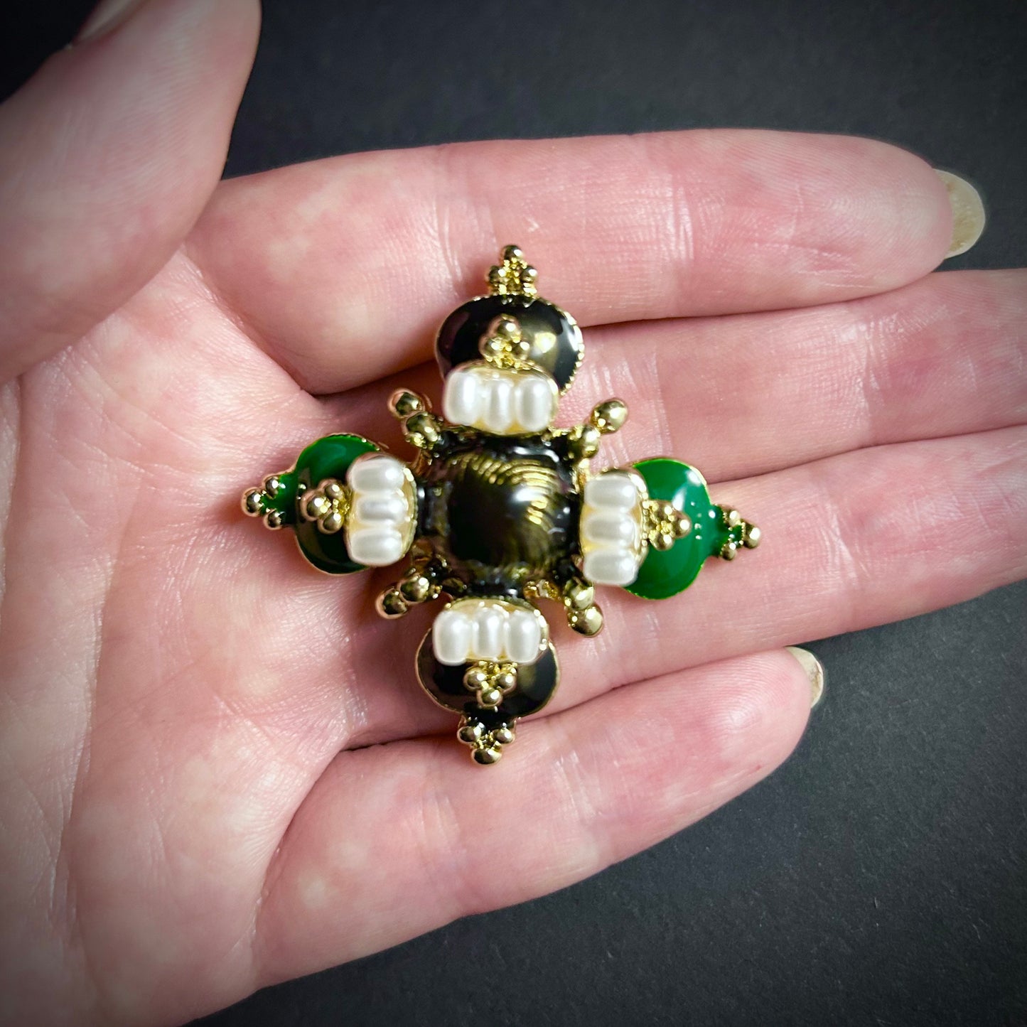 Enamel & Baroque Pearl Maltese Cross Pendant and Brooch in Gold