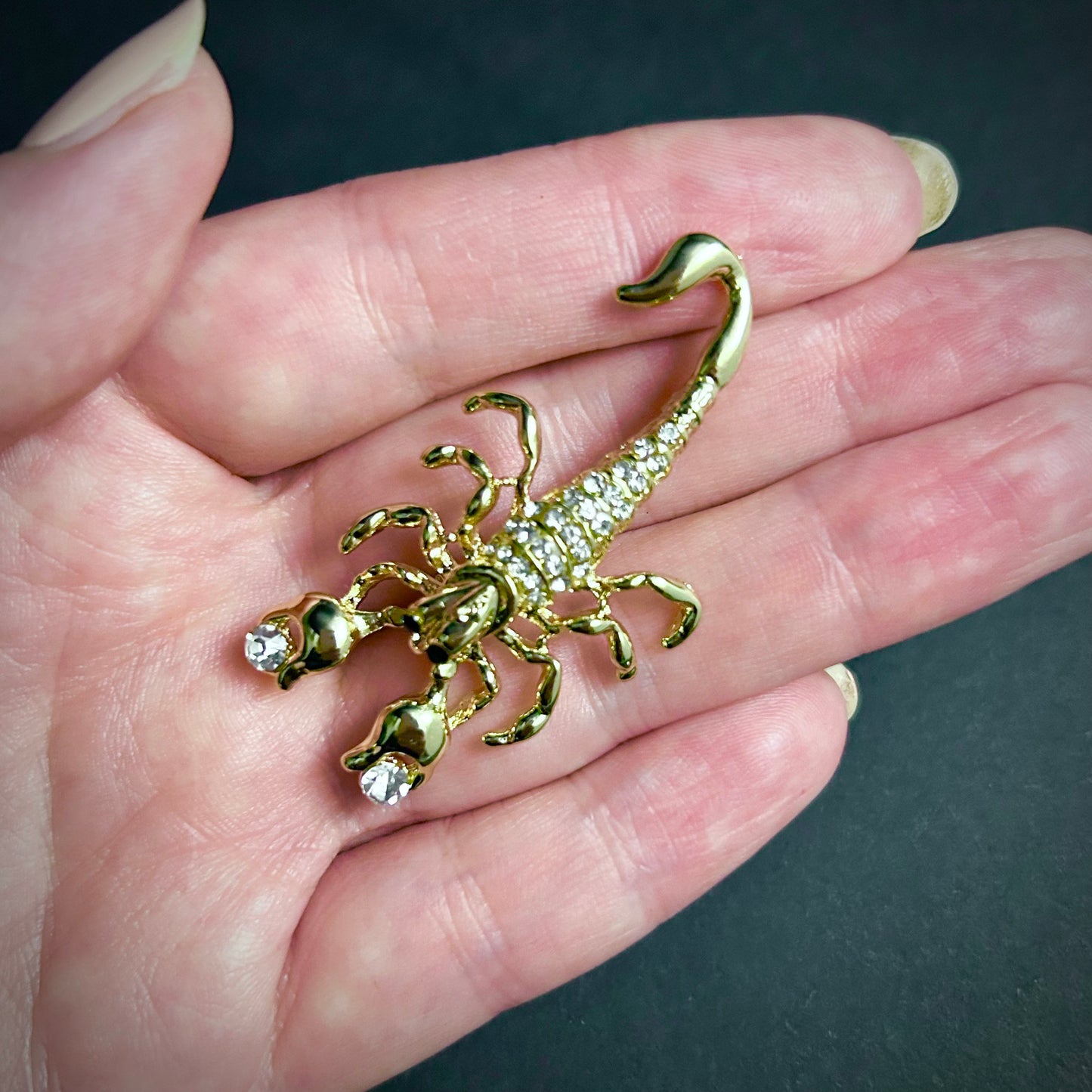 Gold Scorpion Brooch with Clear Rhinestones