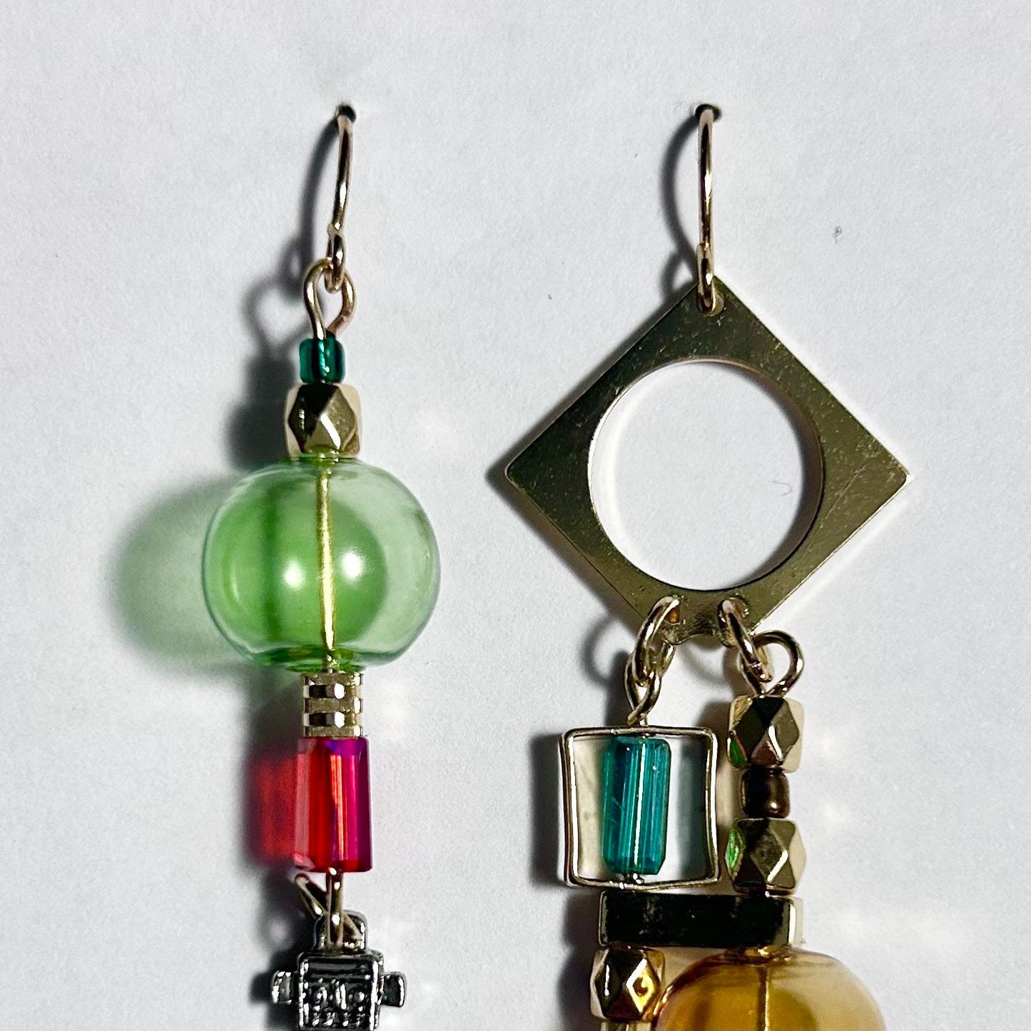 Robot, Geometry & Beads Mismatched Gold Hook Earrings
