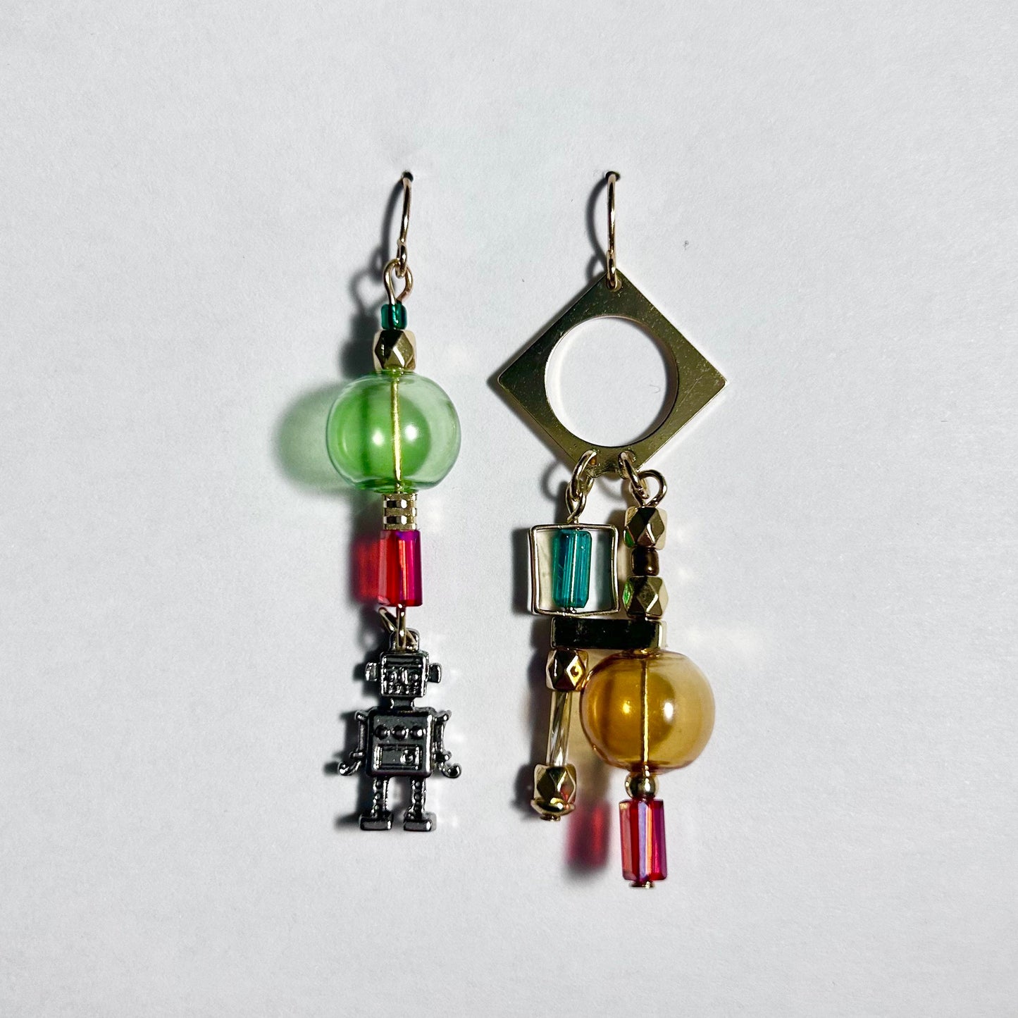 Robot, Geometry & Beads Mismatched Gold Hook Earrings