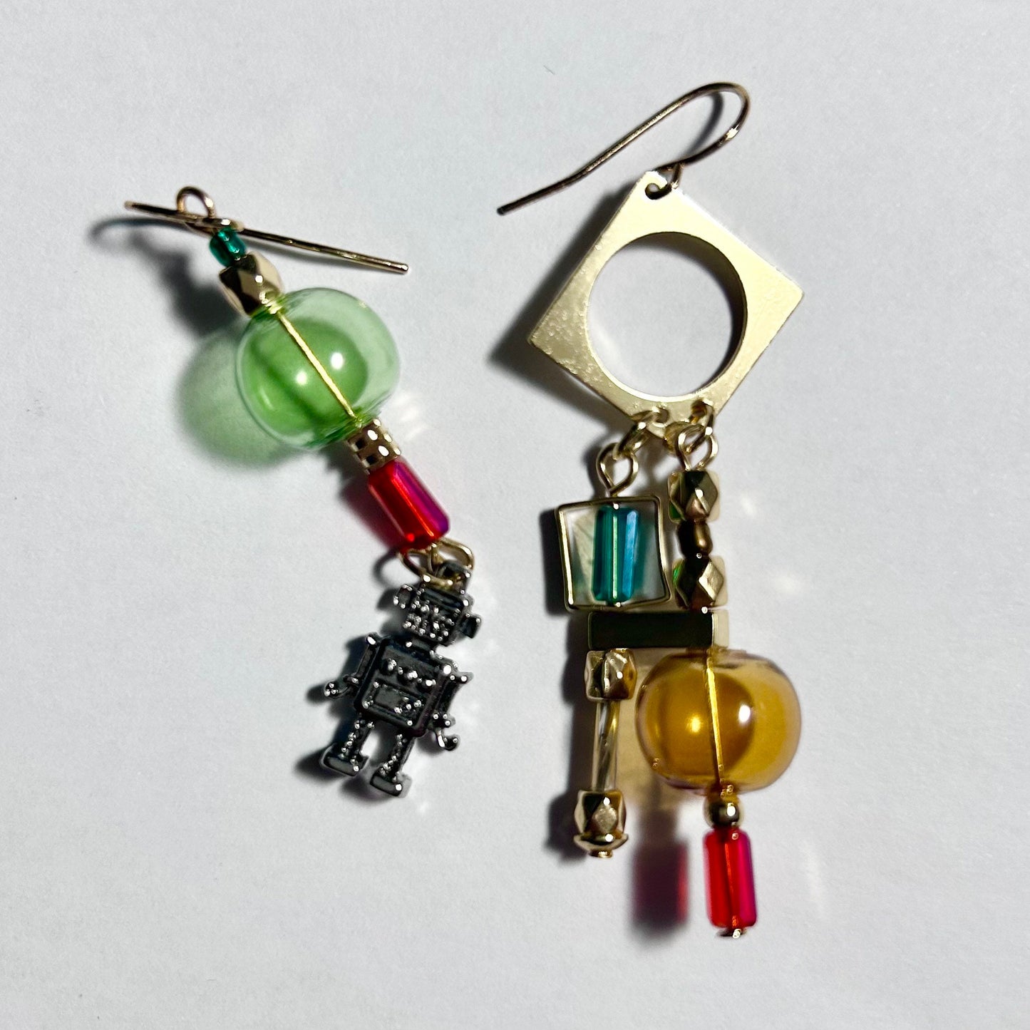 Robot, Geometry & Beads Mismatched Gold Hook Earrings
