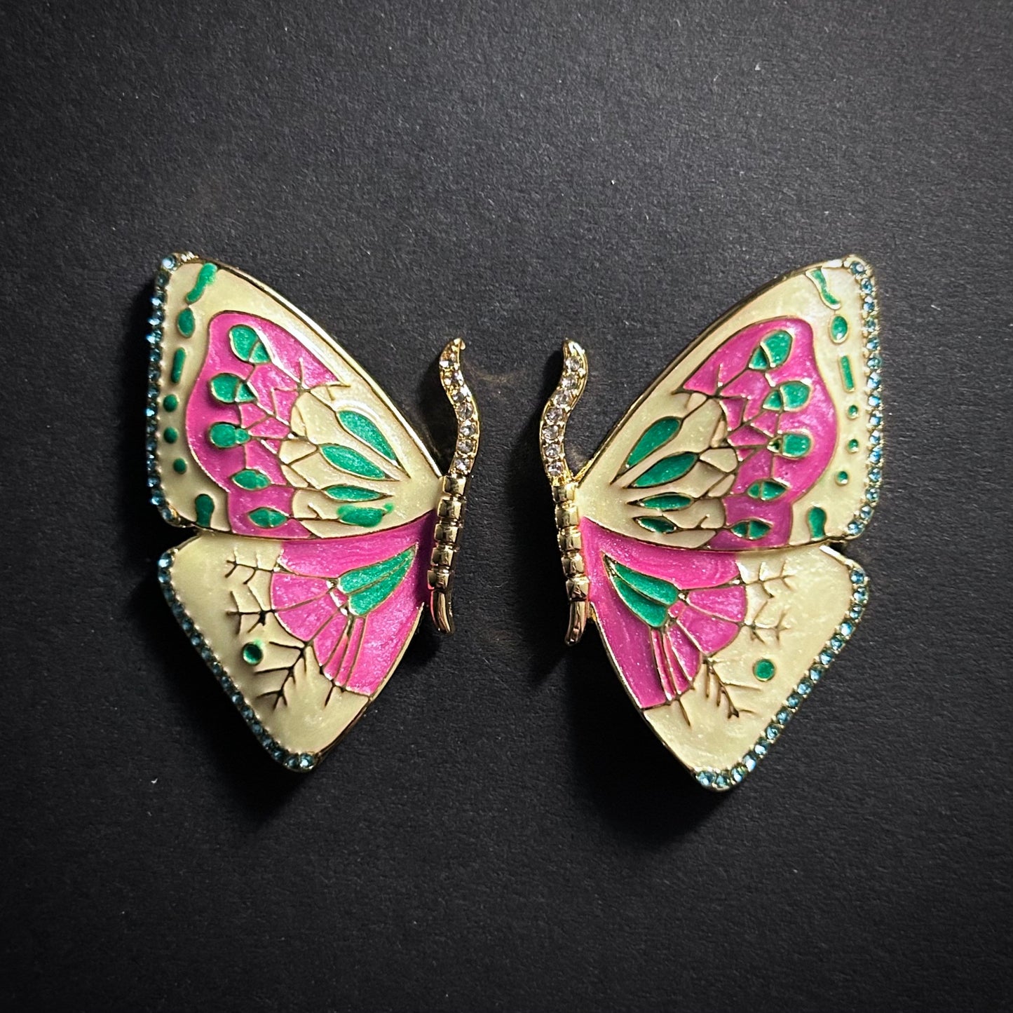 Butterfly Cream & Hot Pink Cloisonné Enamel Gold Stud Earrings