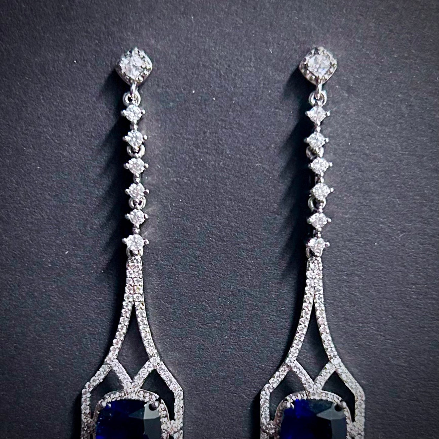 Art Deco Square Sapphire Silver Drop Earrings