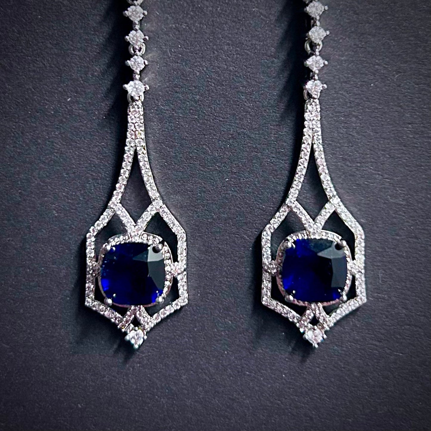 Art Deco Square Sapphire Silver Drop Earrings