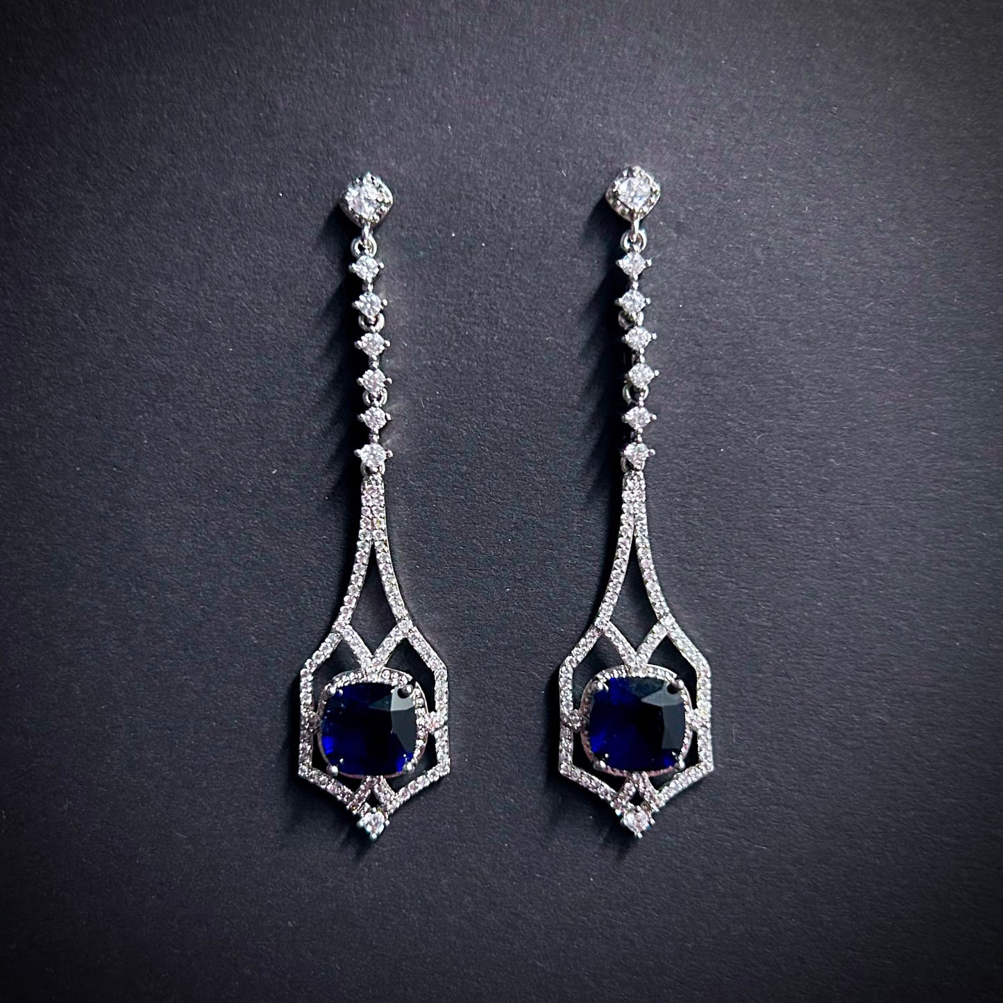Art Deco Square Sapphire Silver Drop Earrings
