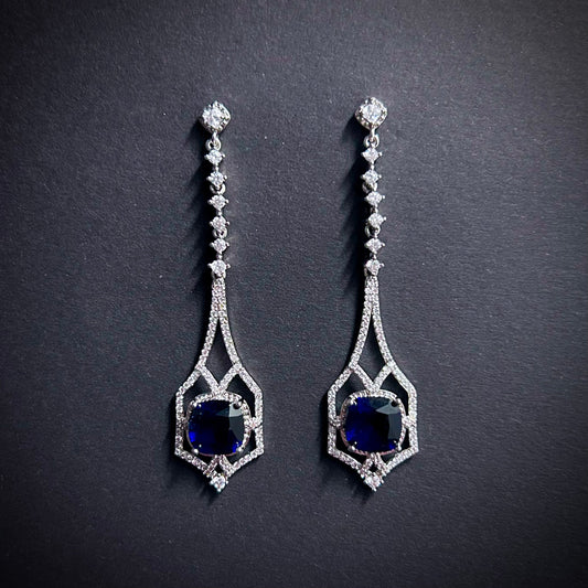 Art Deco Square Sapphire Silver Drop Earrings