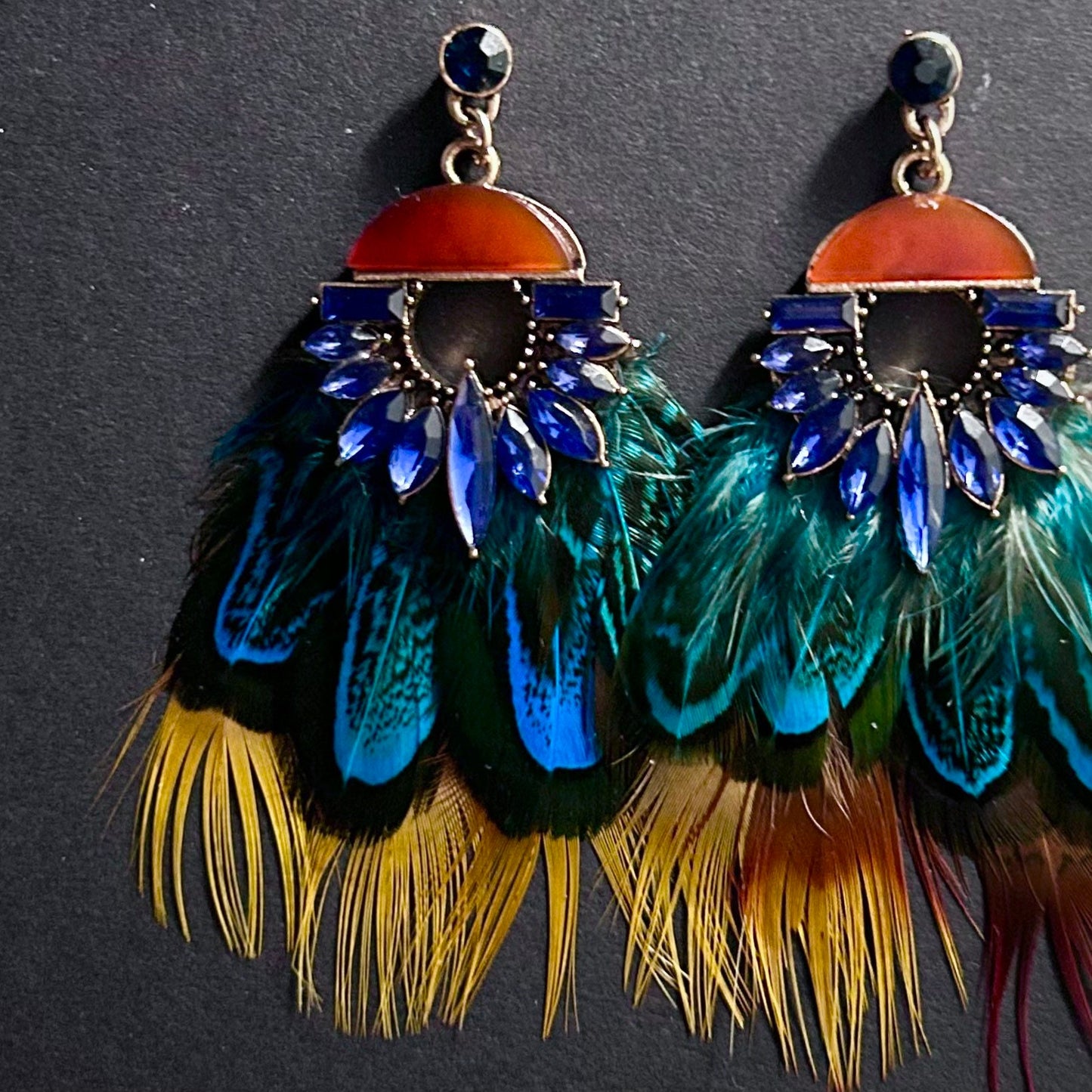 Mixed Feather & Crystals Multicolor Large Statement Earrings