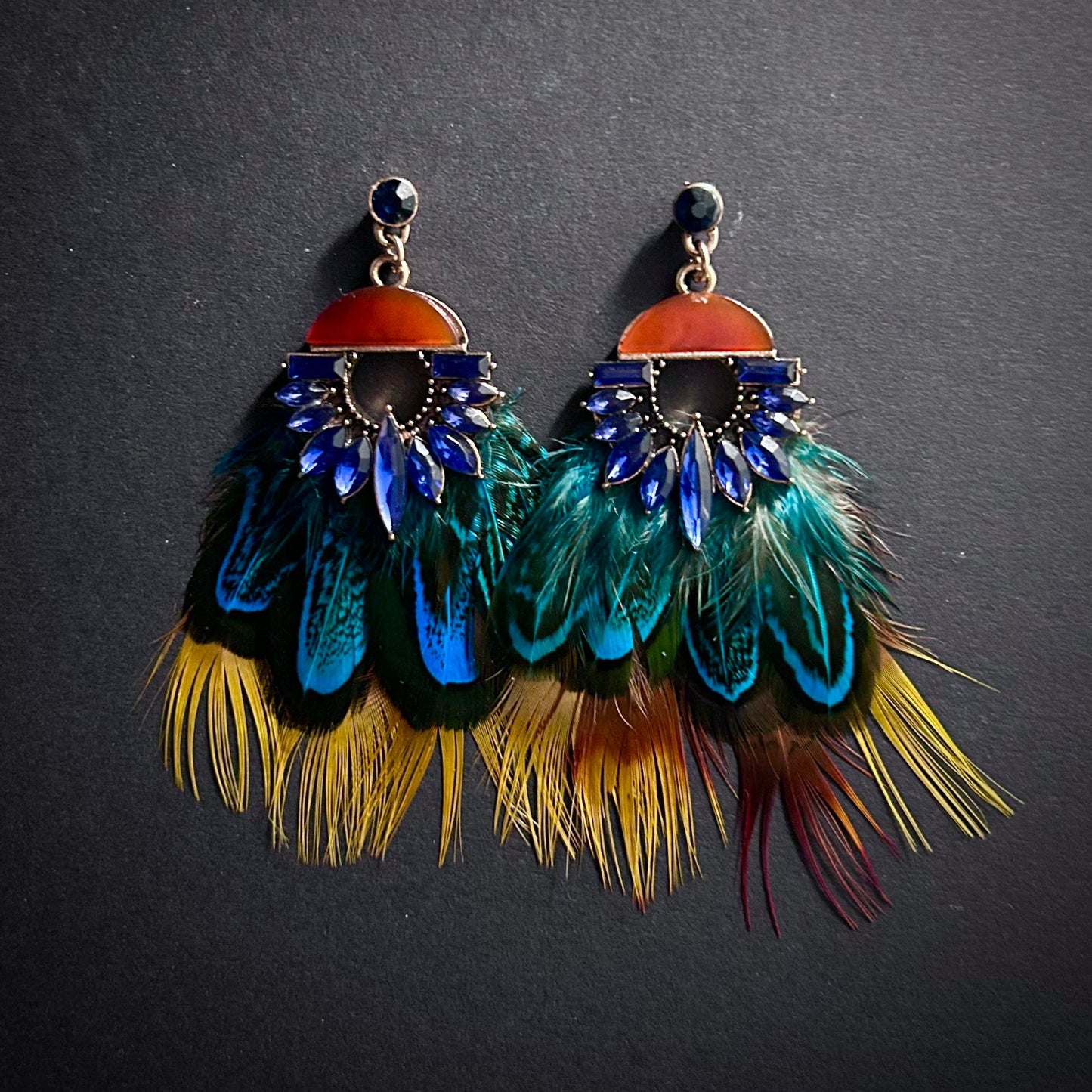 Mixed Feather & Crystals Multicolor Large Statement Earrings