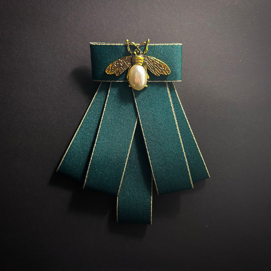 Gold & Pearl Bee Brooch with Dark Green Grosgrain Ribbon Pre-Tied Bow