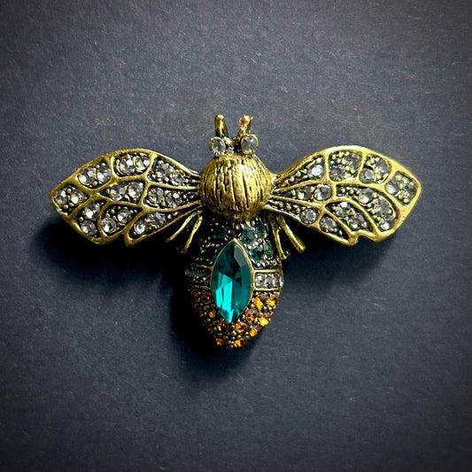 Bee Rhinestone & Emerald Green Antiqued Gold Brooch