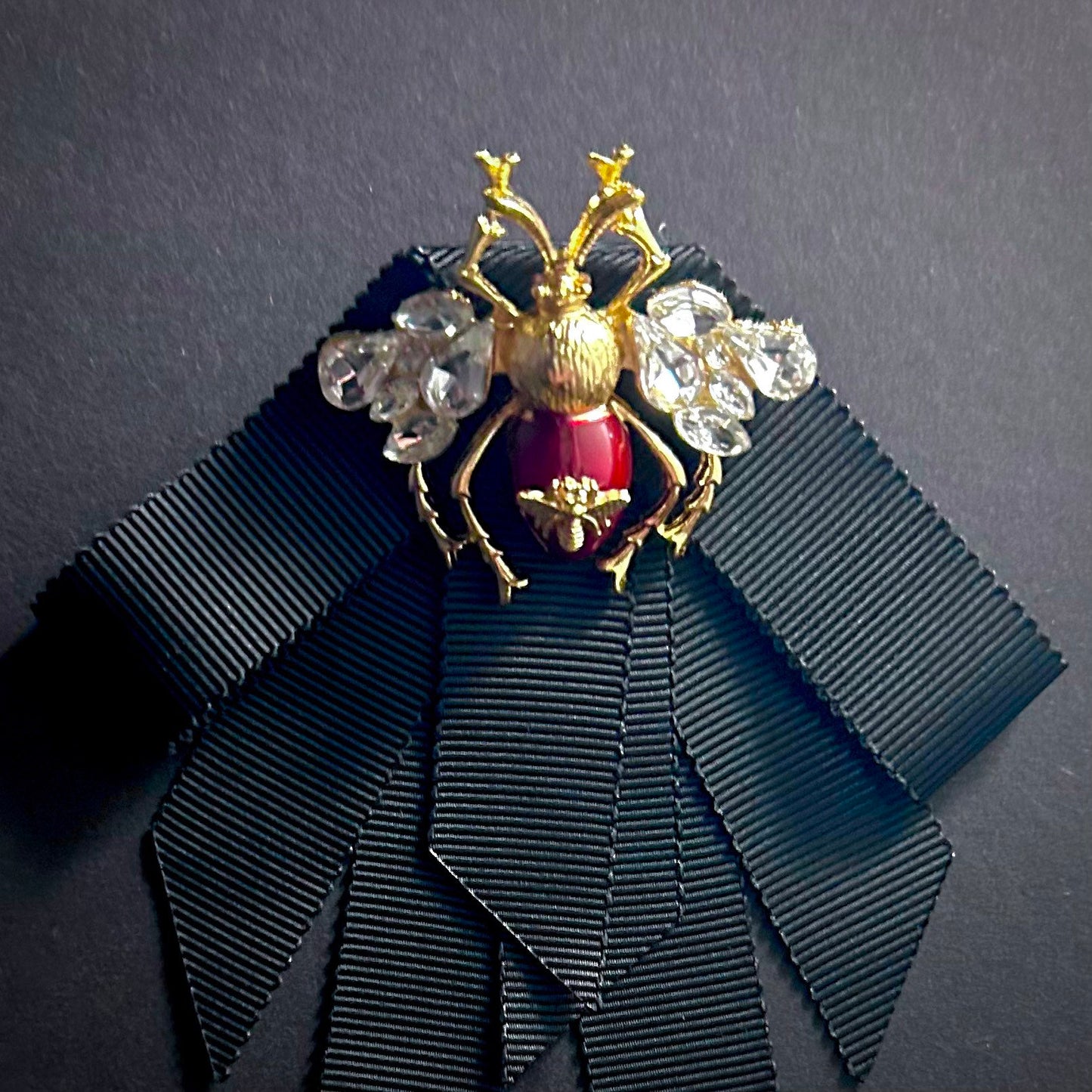 Enamel & Rhinestone Gold Bee Brooch with Black Grosgrain Ribbon Pre-Tied Bow