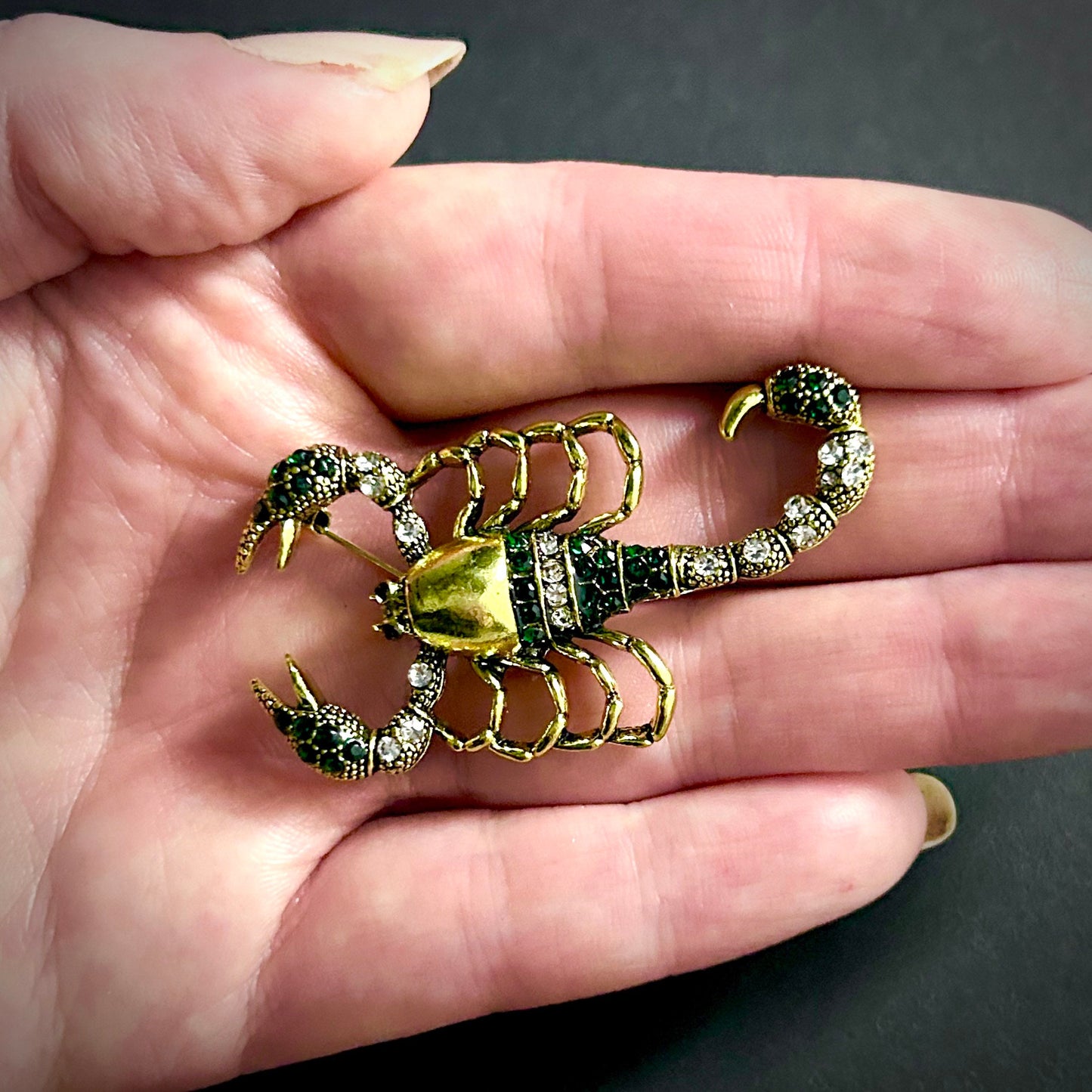 Gold Scorpion Brooch with Emerald & Clear Rhinestones