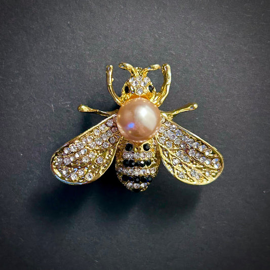 Bee Rhinestone & Champagne Pearl Gold Brooch