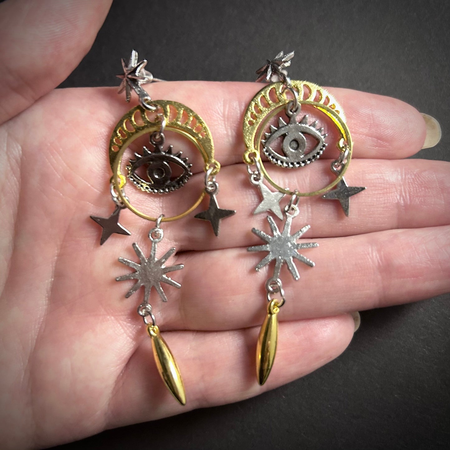 Eye, Stars & Moon Mixed Metal Earrings in Antique Silver and Gold